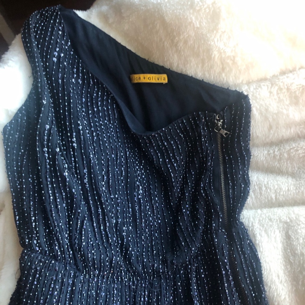 Alice+Olivia Beaded Sparkly One Shoulder Dress Blue Small - Picture 2 of 5